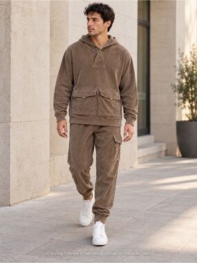 Native Youth Men’s L Brown Corduroy Hoodie Cargo Jogger Set 34